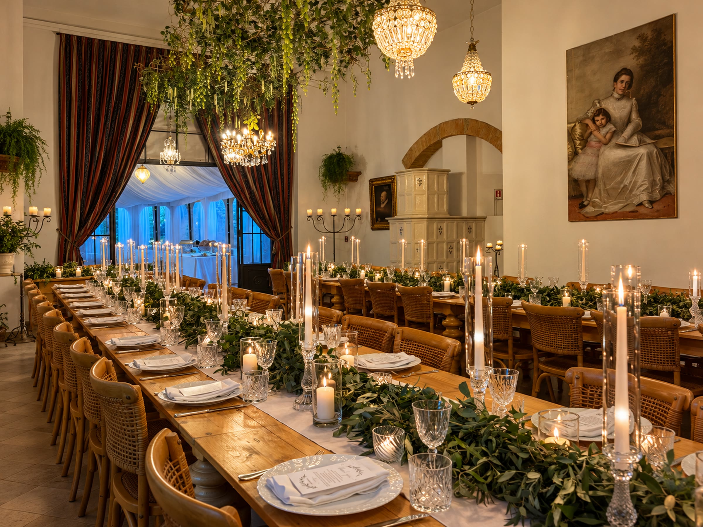 The hall at Villa di Striano laid for dinner, long tables with candles and green garlands, crystal chandeliers and hanging wisteria