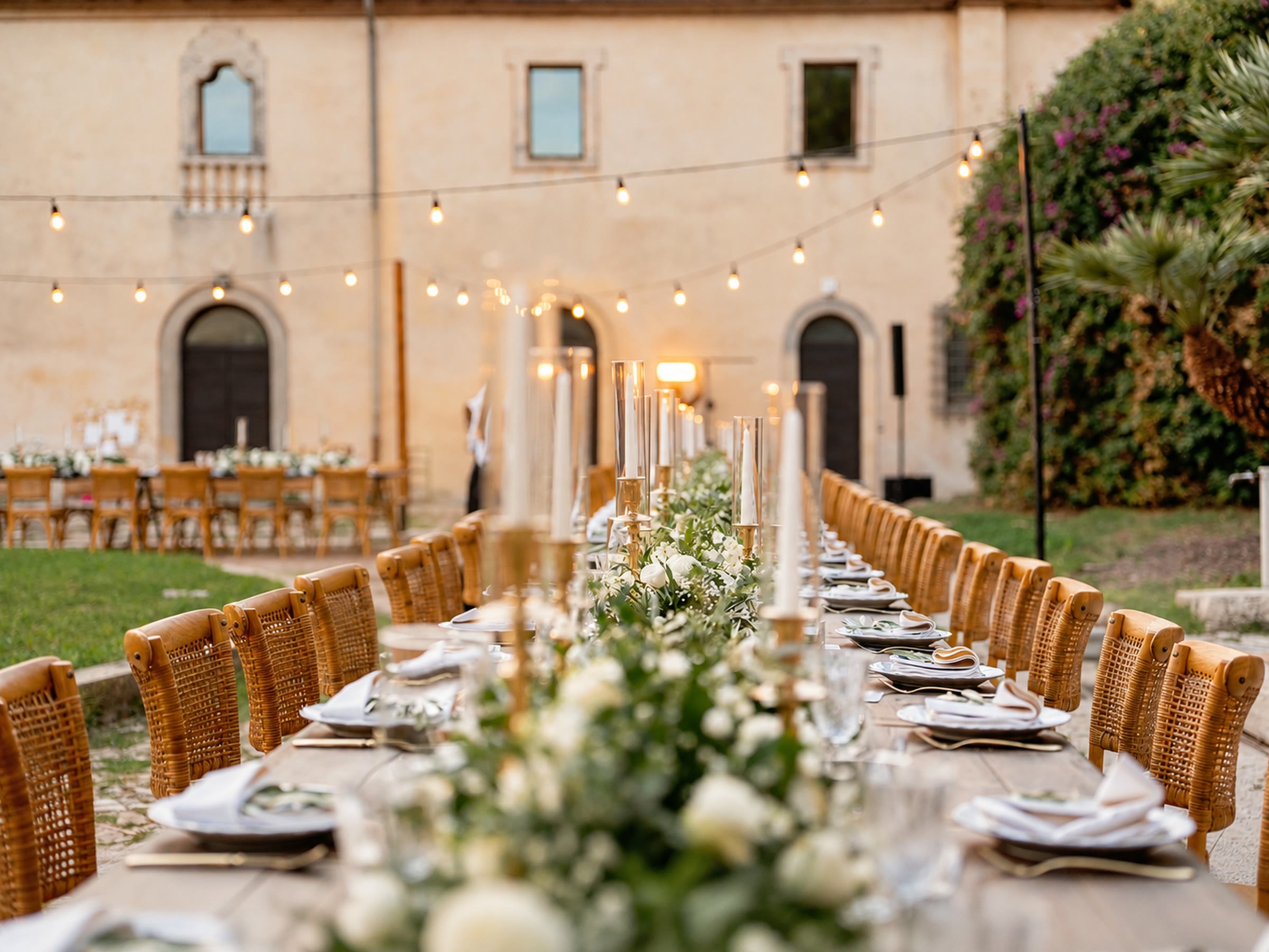 Una lunga tavola imperiale nel cortile del Castello di Santa Severa, sedie in rattan, candele e fiori bianchi, luci appese sopra