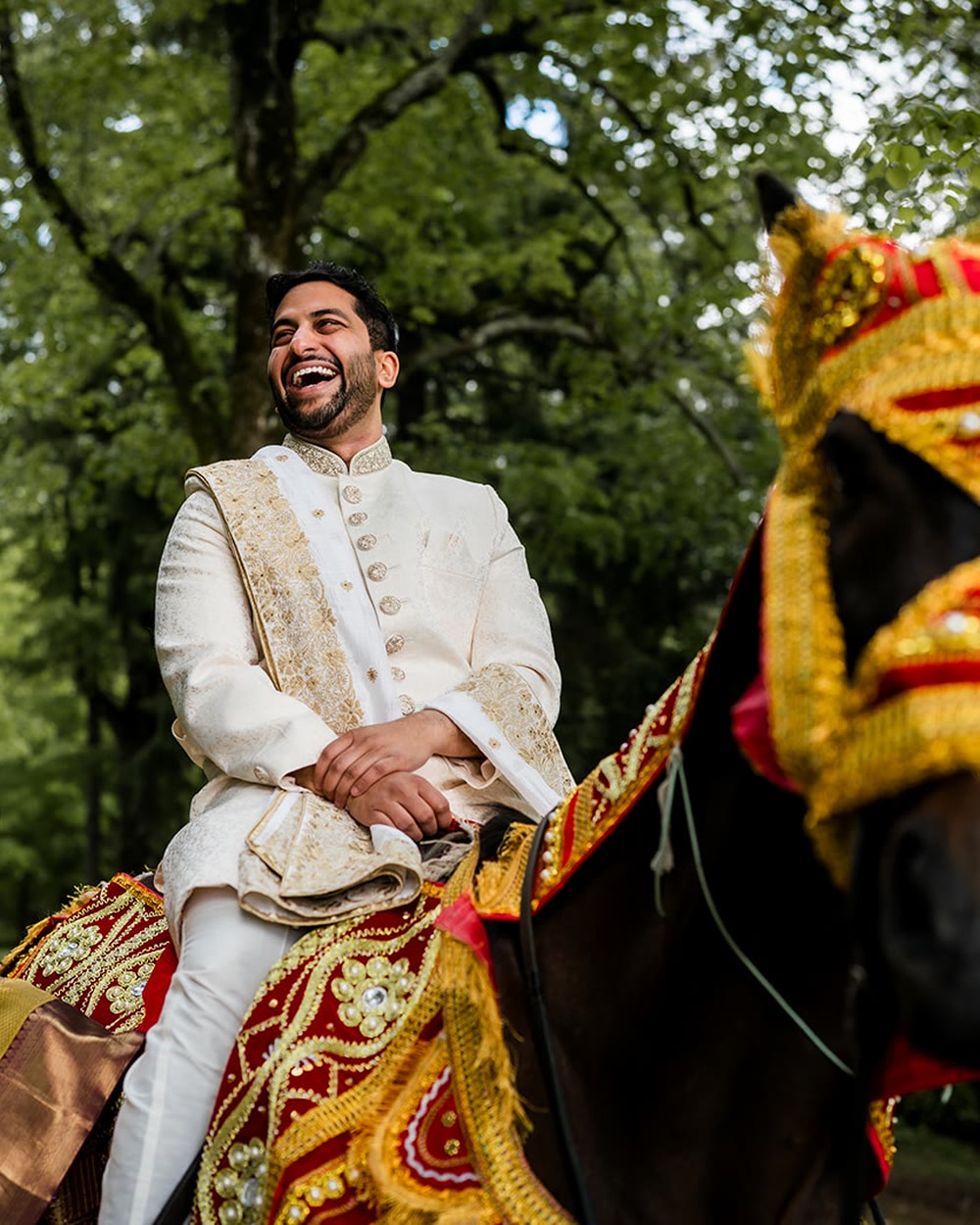 Lo sposo arriva su un cavallo decorato con il Baraat