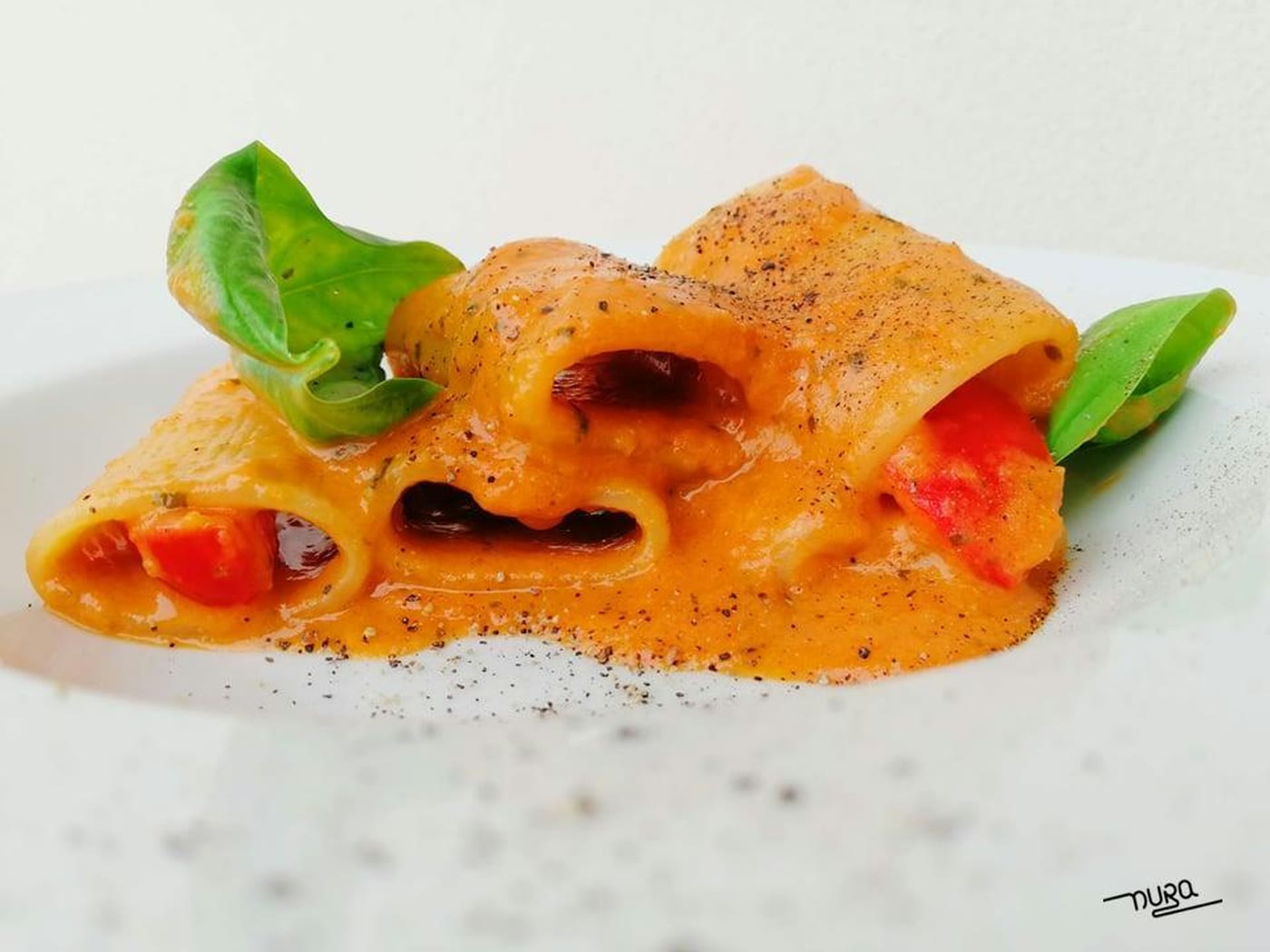 Pasta al pomodoro fresco e basilico su un piatto bianco