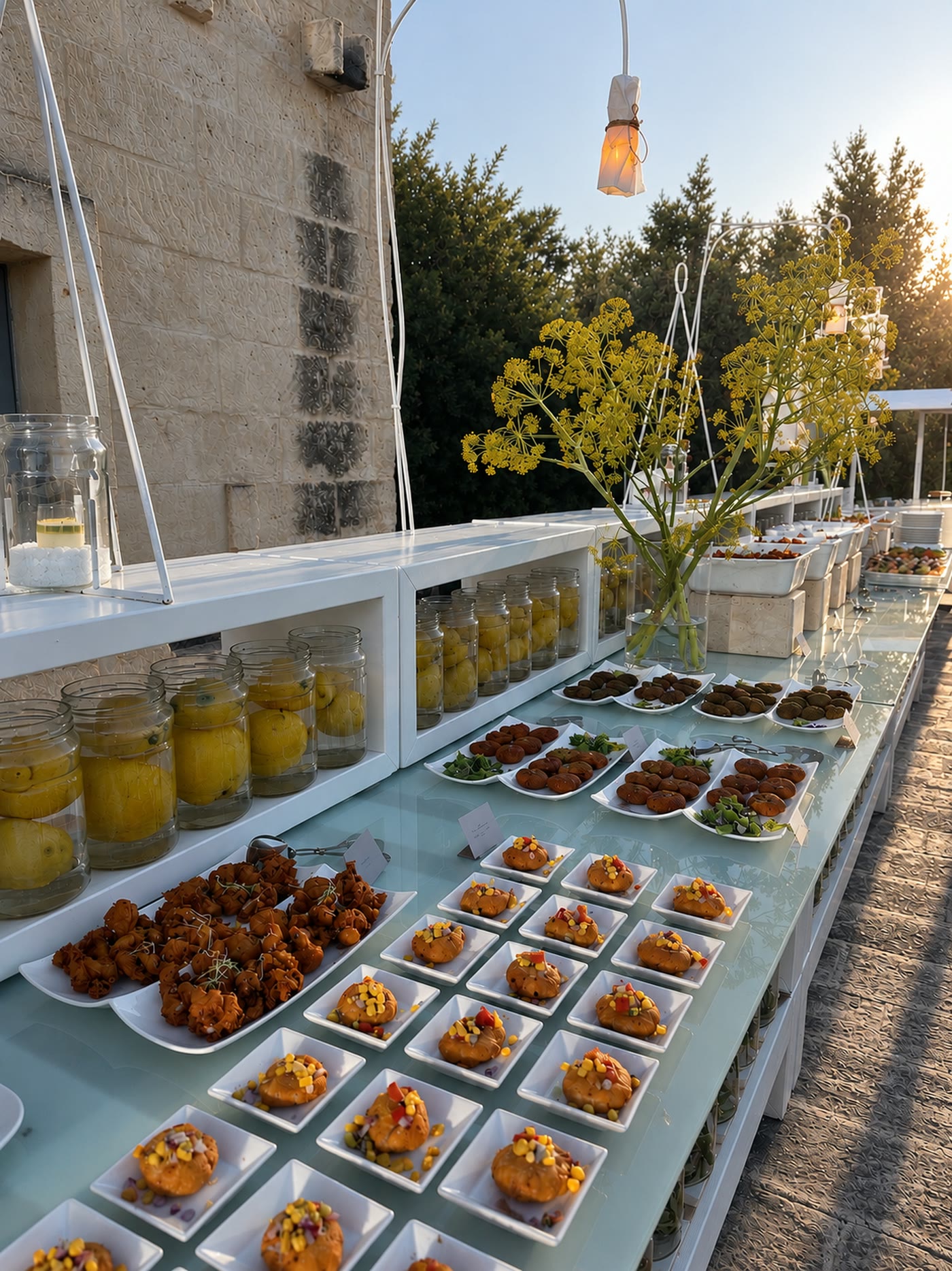 Antipasti in piattini bianchi sul piano in vetro del buffet, barattoli di limoni sugli scaffali