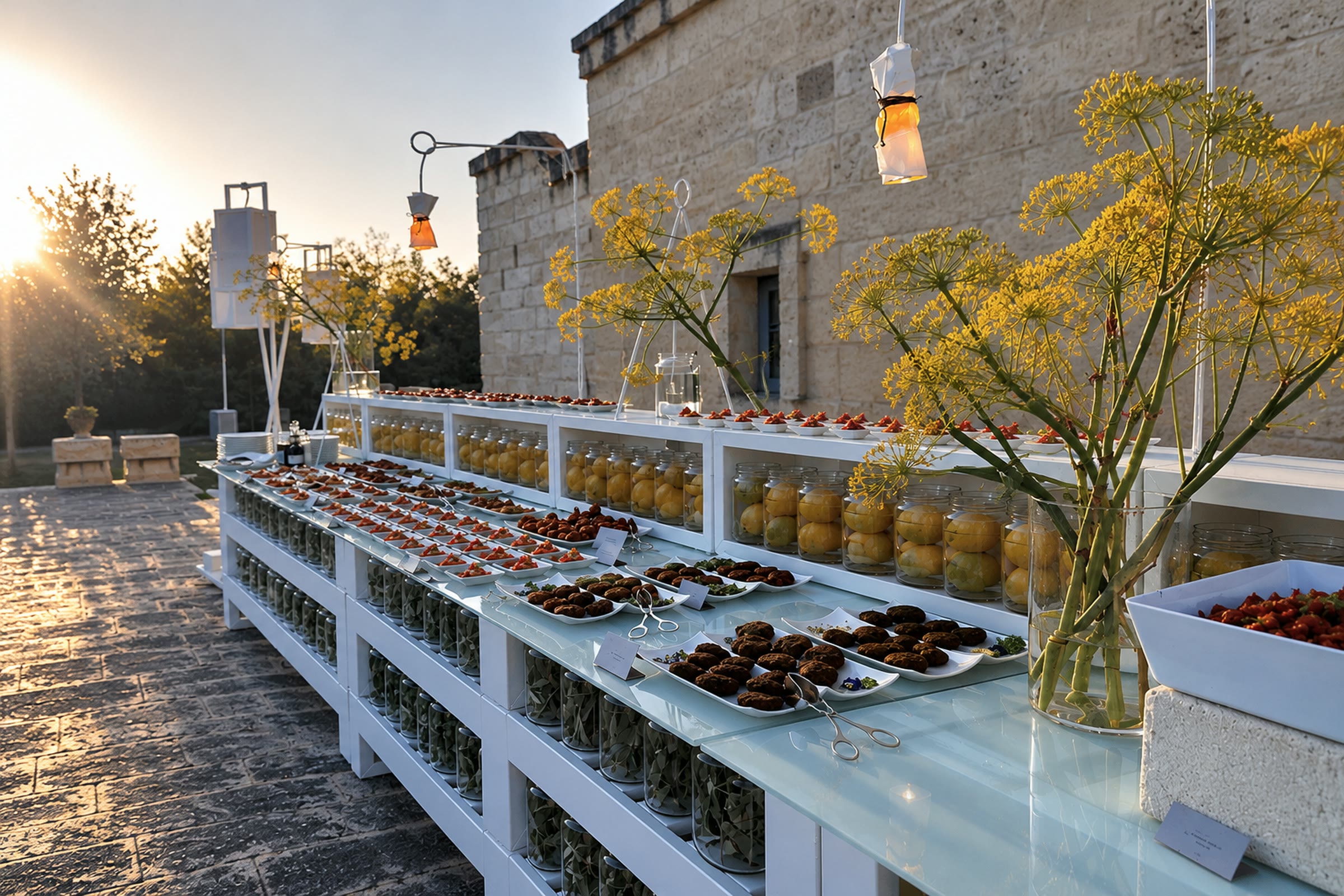Un buffet di stazioni bianche con piani in vetro, barattoli di limoni e fiori di finocchio, al tramonto in una masseria pugliese